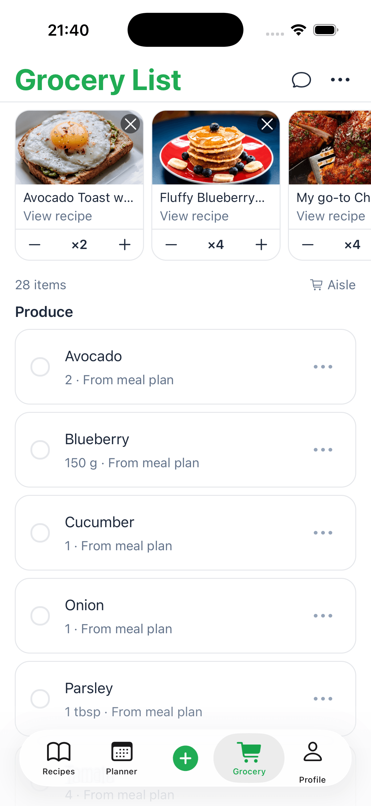 Recipe One grocery list from planned meals