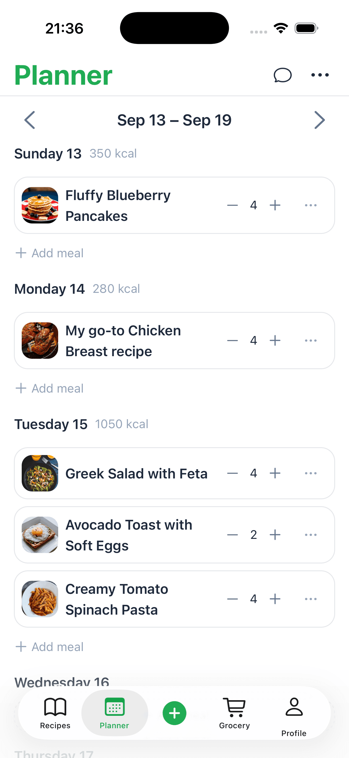 Recipe One meal planner with the week filled